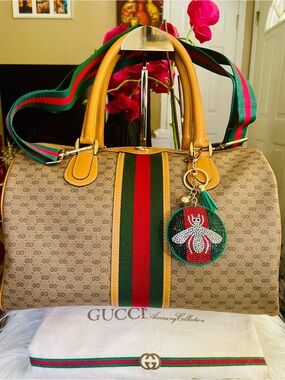 Gucci GG Sherry Line Monogram Satchel with Red & Green Web Stripe